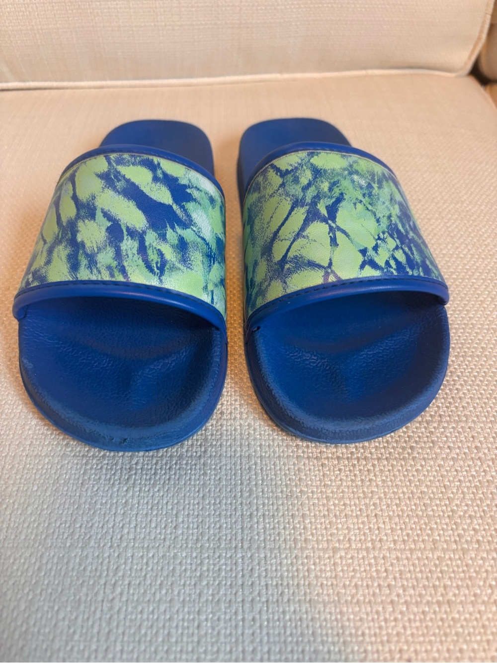 J. Crew Blue Slide Sandals with Green Patterned Strap